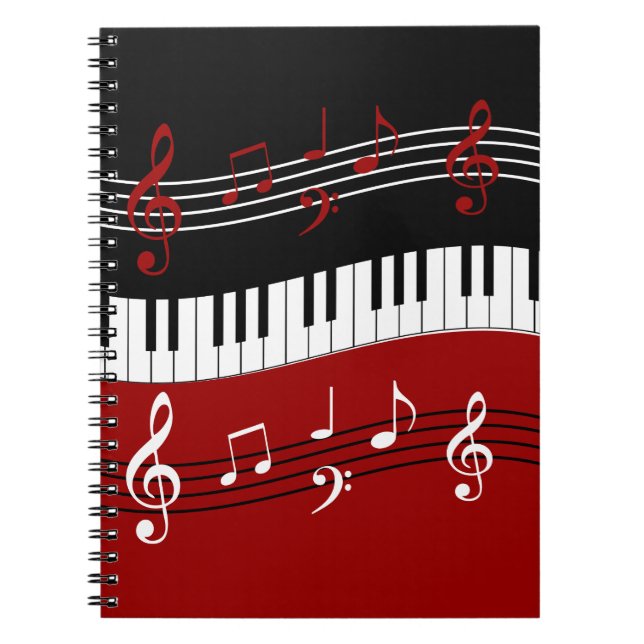 Stylish Red Black White Piano Keys and Notes Notebook (Front)