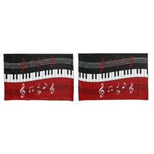 Stylish Red Black White Piano Keys and Notes Pillow Case