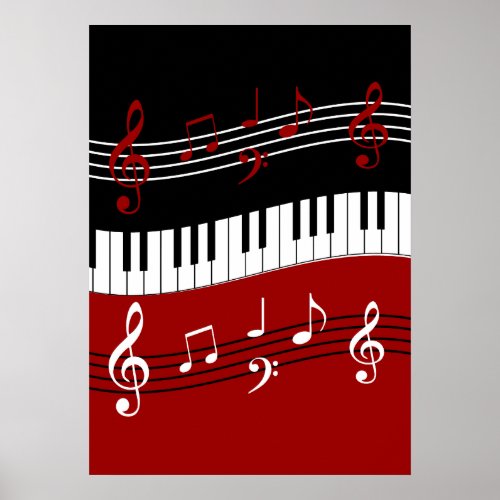 Stylish Red Black White Piano Keys and Notes Poster