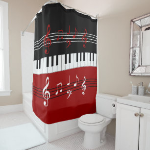 Stylish Red Black White Piano Keys and Notes Shower Curtain