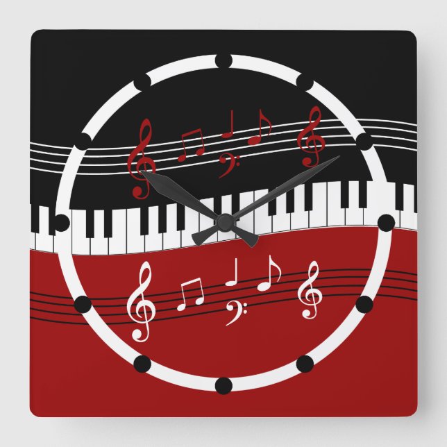 Stylish Red Black White Piano Keys and Notes Square Wall Clock (Front)