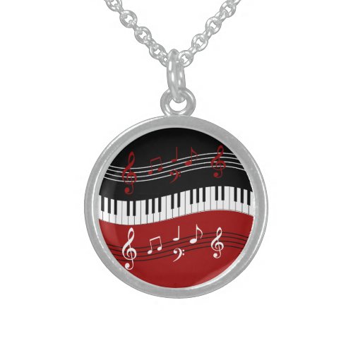 Stylish Red Black White Piano Keys and Notes Sterling Silver Necklace