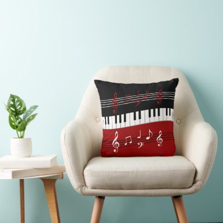 Stylish Red Black White Piano Keys And Notes Throw Pillow