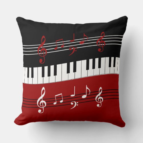 Stylish Red Black White Piano Keys and Notes Throw Pillow