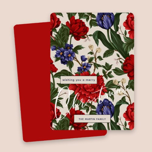 Stylish Red BotanicalFloral Merry Christmas Script Holiday Card