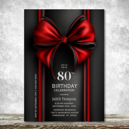Stylish Red Bow 80th Birthday Party Invitation