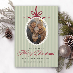 Stylish Red Bow Photo Ornament Vintage Christmas Holiday Card