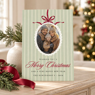 Stylish Red Bow Photo Ornament Vintage Christmas Holiday Card
