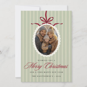 Stylish Red Bow Photo Ornament Vintage Christmas Holiday Card