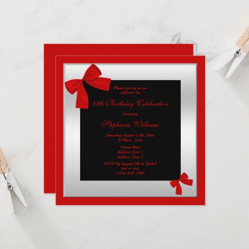 Stylish Red Bows  Silver Framed Birthday  Invitation