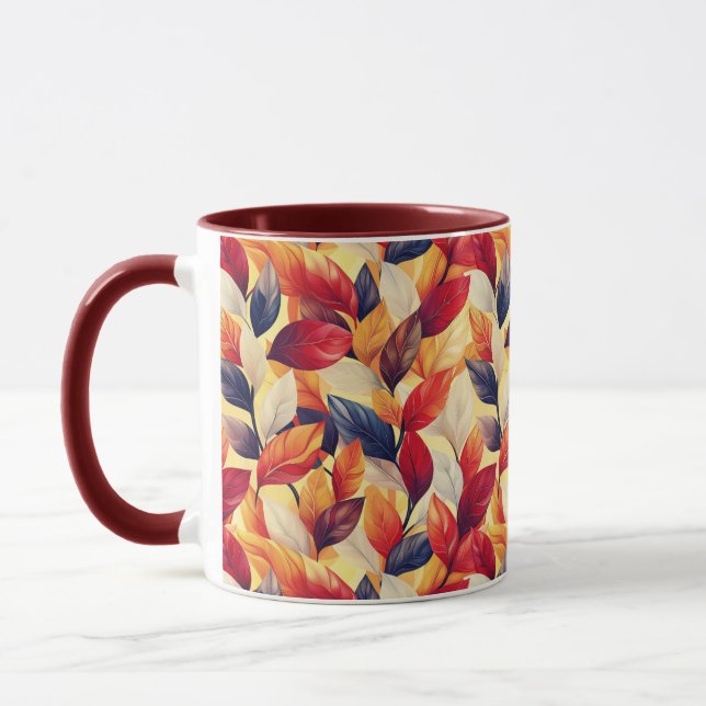 Stylish Red Brown Blue Autumn Fall Leaves Mug (Left)