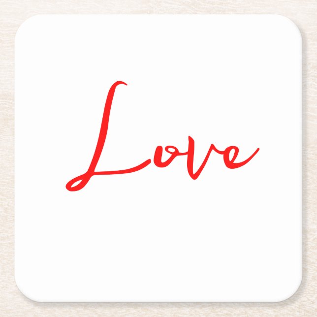 Stylish Red Calligraphy White Love Wedding Square Paper Coaster (Front)