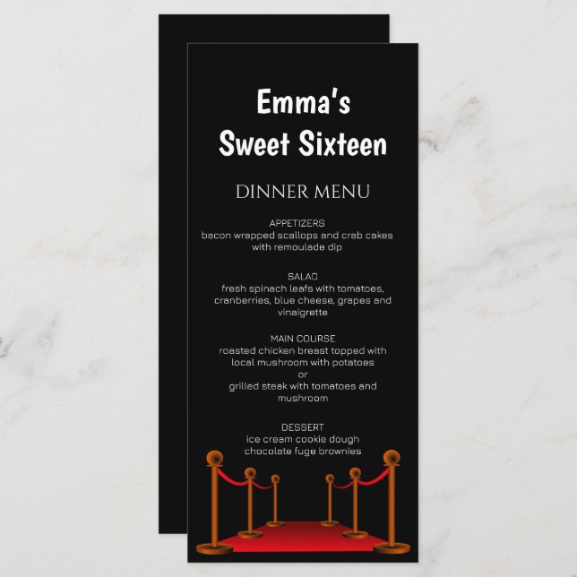 Stylish Red Carpet Hollywood Sweet 16 Birthday  Menu (Front/Back)
