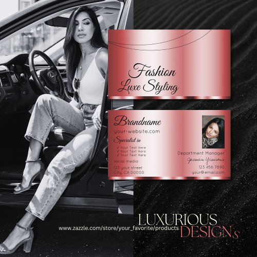 Stylish Red Chic Glamorous with Photo Professional Business Card