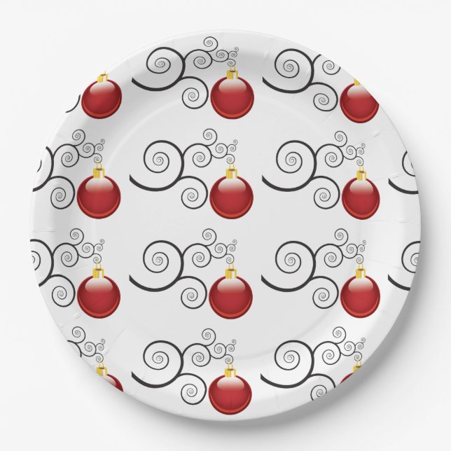 Stylish Red Christmas Ornament Pattern Paper Plates (Front)