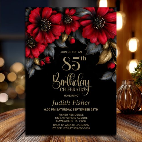Stylish Red Floral Black 85th Birthday Party Invitation