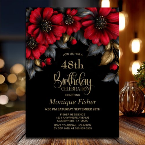 Stylish Red Floral Black Birthday Party Invitation