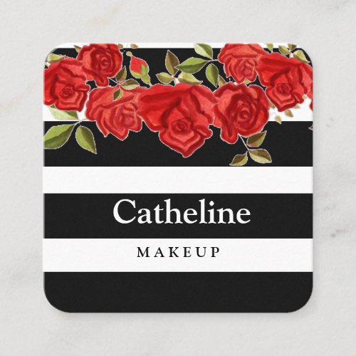 Stylish red floral black white stripes makeup  square business card