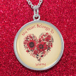 Stylish Red Floral My Heart Belongs To Sterling Silver Necklace<br><div class="desc">A stylish,  deep red floral design in the shape of a heart. Customizable text reading: My Heart Belongs To (add your sweetheart's name).</div>