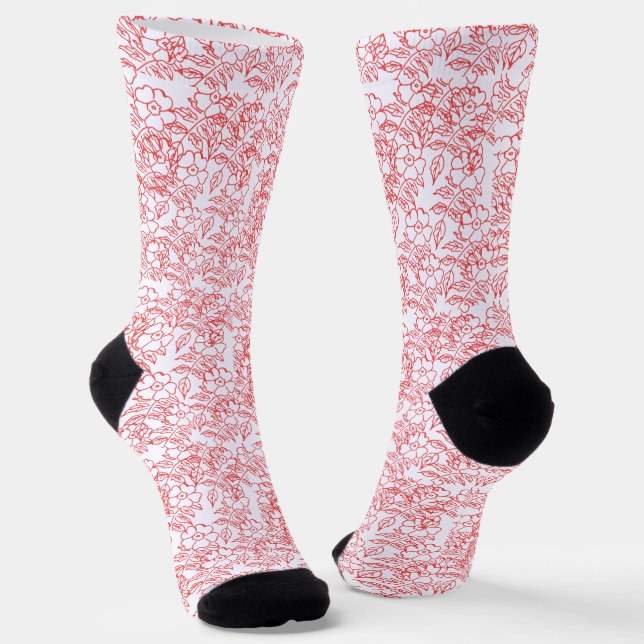 Stylish Red Floral Pattern Mandala Line Art Socks (Angled)