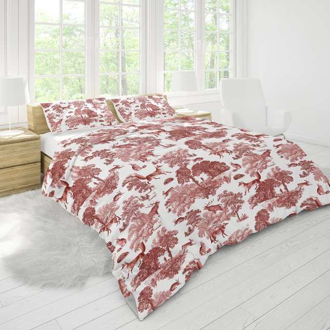Stylish Red French Toile Fox Rabbit in Forest Duvet Cover (Creator Uploaded)
