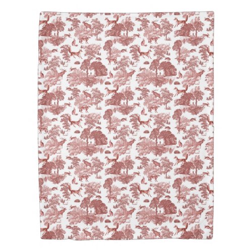 Stylish Red French Toile Fox Rabbit in Forest Duvet Cover