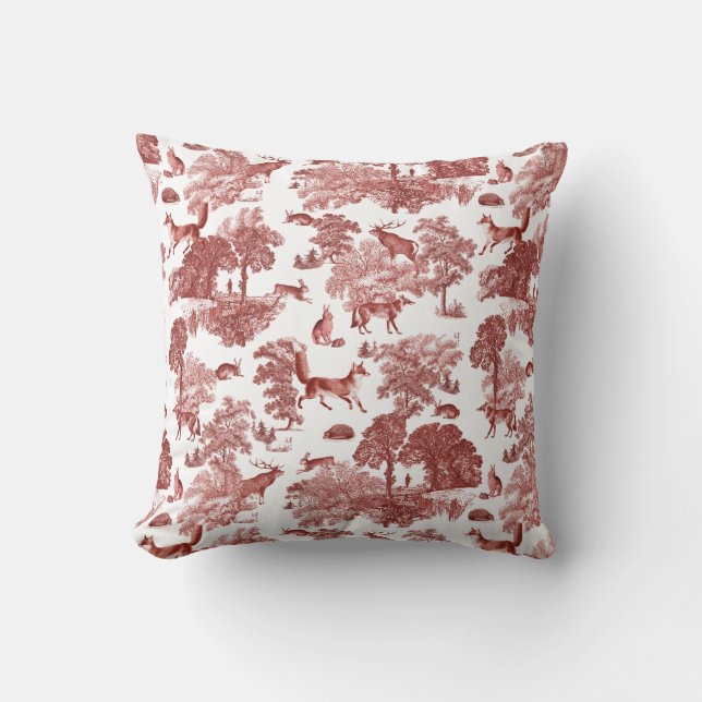Stylish Red French Toile Fox Rabbit in Forest Throw Pillow (Front)