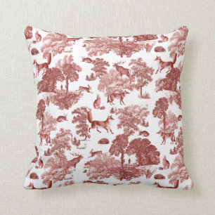 Stylish Red French Toile Fox Rabbit in Forest Throw Pillow