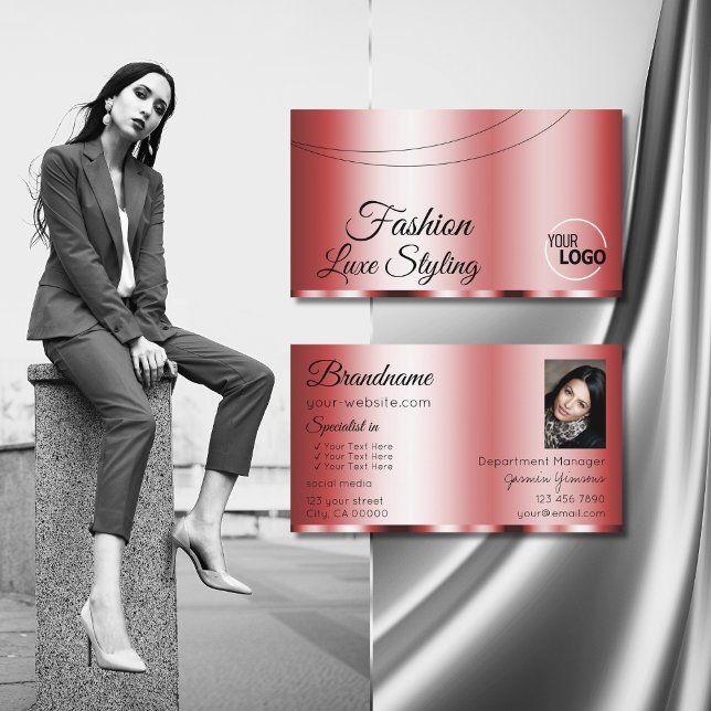Stylish Red Glamorous with Logo and Photo Stylish Business Card (Creator Uploaded)