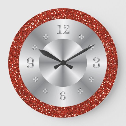 Stylish  Red Glitter Silver Numbers Large Clock