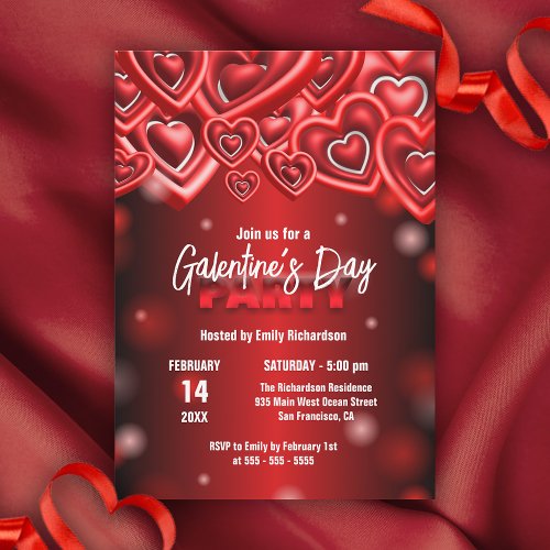 Stylish Red Glossy Hearts Galentines Day Party  Invitation