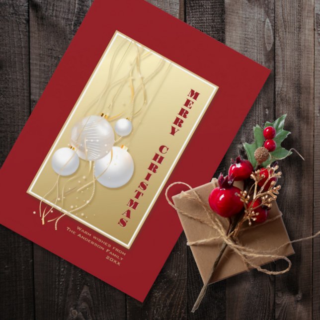 Stylish Red Gold Christmas Baubles Holiday Card (Creator Uploaded)