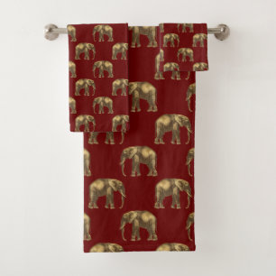 Stylish Red Gold Elephants Bath Towel Set