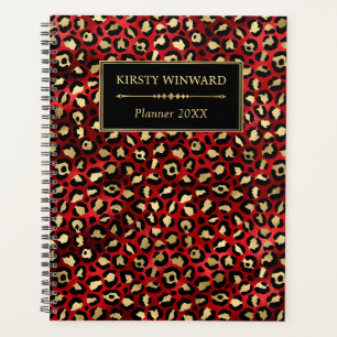Stylish Red & Gold Foil Leopard Spots Monogram Planner