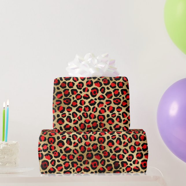 Stylish Red & Gold Foil Leopard Spots Safari Wrapping Paper (Party Gifts)