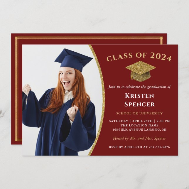 Stylish Red Gold Graduate Photo Graduation Invitation (Front/Back)