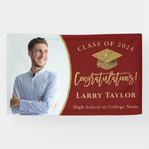 Stylish Red Gold Graduate Photo Graduation Party Banner