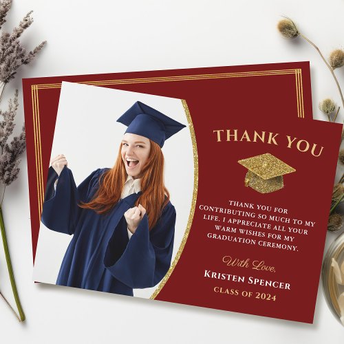 Stylish Red Gold Graduate Photo Graduation Thank You Card