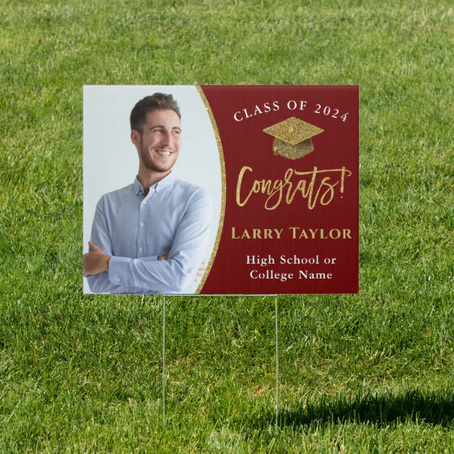 Stylish Red Gold Graduate Photo Graduation Yard Sign | Zazzle
