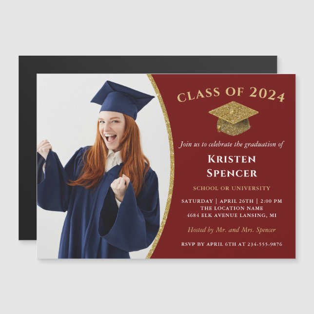 Stylish Red Gold Photo Graduation Party Magnet (Front/Back)