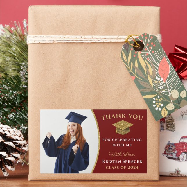 Stylish Red Gold Photo Graduation Thank You Rectangular Sticker (Holiday)