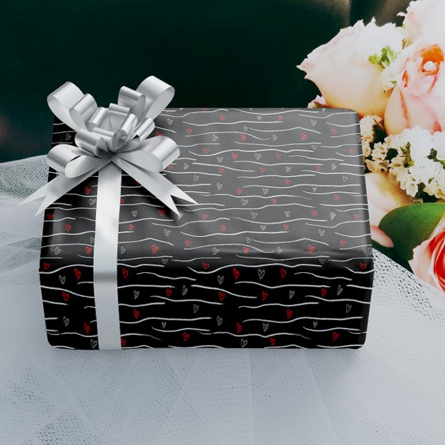 Stylish Red Gray Hearts and Strippes Pattern  Wrapping Paper (Creator Uploaded)