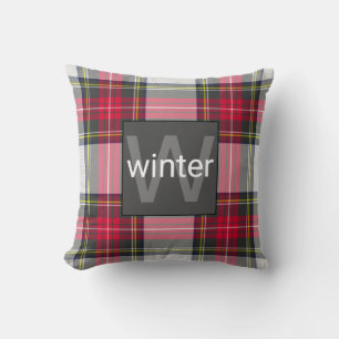 Stylish Red Gray Tartan Plaid Monogrammed Name Throw Pillow