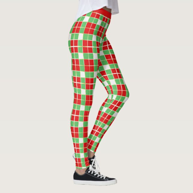 Stylish Red Green Gold Plaid Pattern Yoga Leggings (Right)