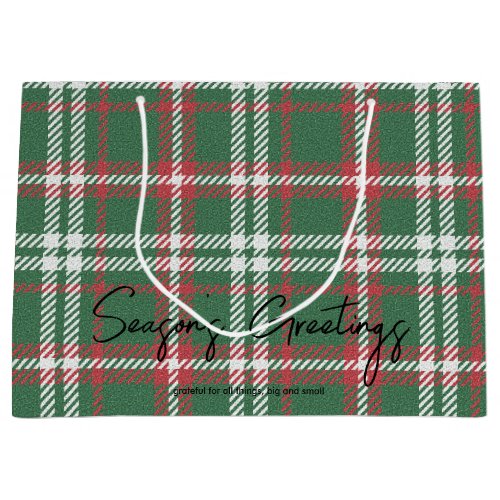Stylish Red  Green Holiday Colors Plaid Large Gift Bag