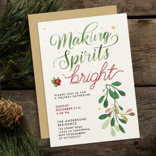 Stylish Red Green Making Spirits Bright Watercolor Invitation