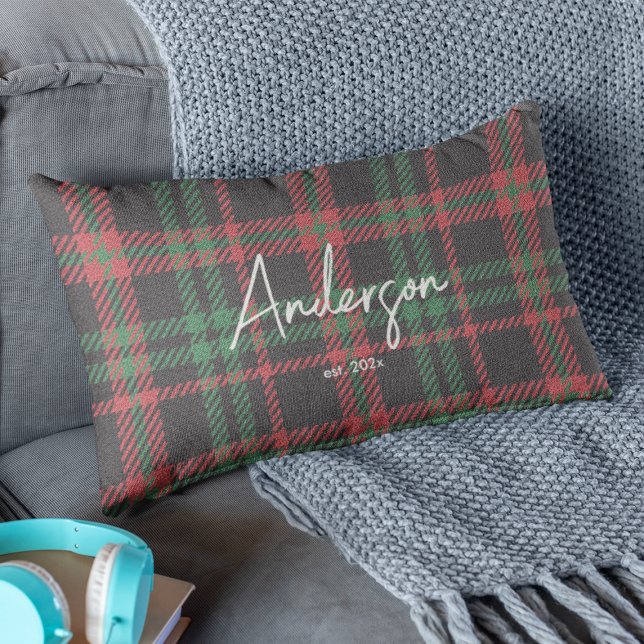 Stylish Red & Green Muted Holiday Color Plaid Lumbar Pillow (Creator Uploaded)