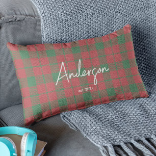 Stylish Red & Green Muted Holiday Color Plaid Lumbar Pillow