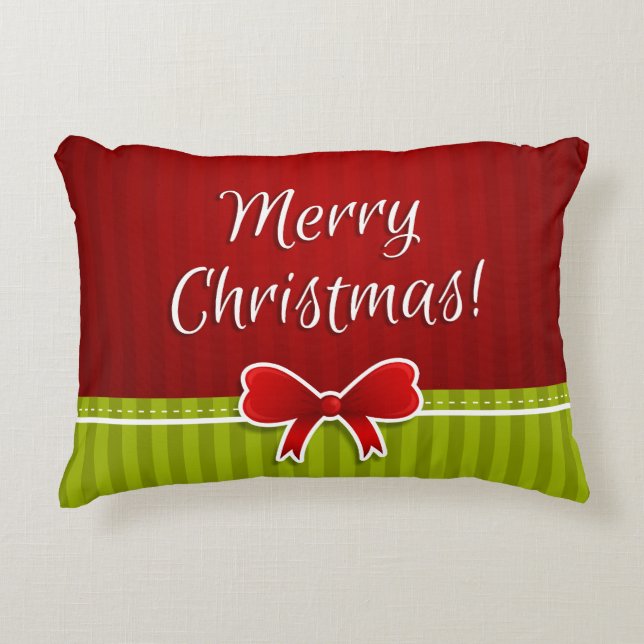 Stylish Red Green Stripes Merry Christmas Design Accent Pillow (Front)
