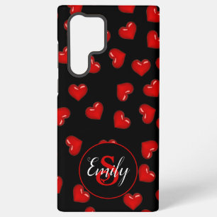stylish Red heart pattern on black Custom monogram Samsung Galaxy S22 Ultra Case
